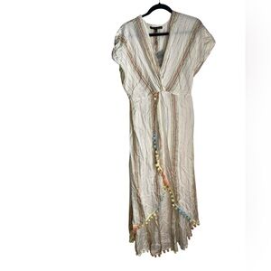 American & Beyond Striped Cream Midi Dress with Tassel Accents Size M